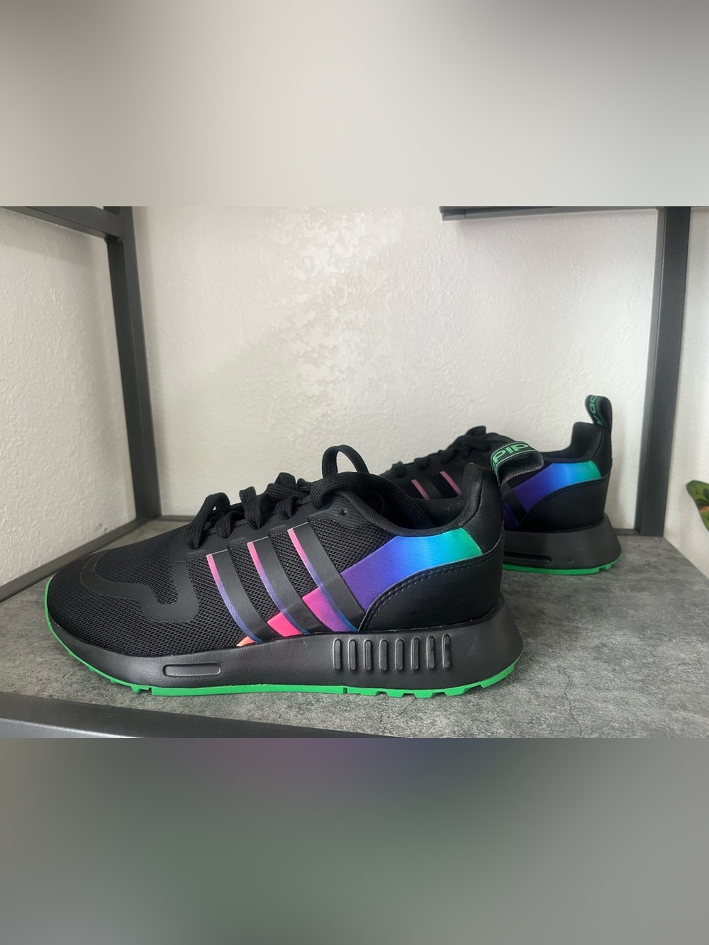 adidas Men's Black Sneakers with Green Outsole and Iridescent Stripes